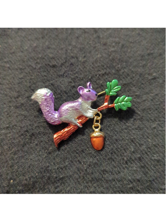 None Jewelry - Gold Tone Purple Squirrel on Branch with Acorn Dangle Statement Brooch Pin